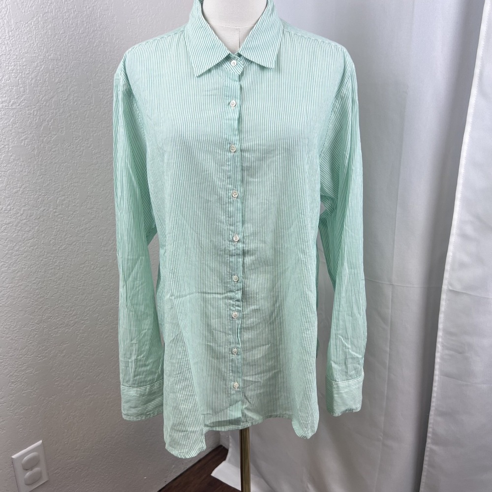 Xirena Beau Top Womens Medium Oversized Green Striped Button Up Cotton Coastal